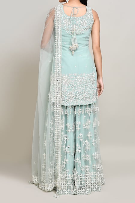 Shop_Kalighata_Blue Net Mirrors Square Neck Bahar Jaal Embroidered Kurta Sharara Set _at_Aza_Fashions