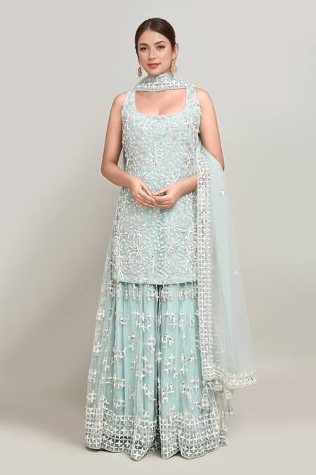 Buy Kalighata Blue Net Mirrors Square Neck Bahar Jaal Embroidered Kurta Sharara Set Online at Aza Fashions Buy_Kalighata_Blue Net Mirrors Square Neck Bahar Jaal Embroidered Kurta Sharara Set _Online_at_Aza_Fashions