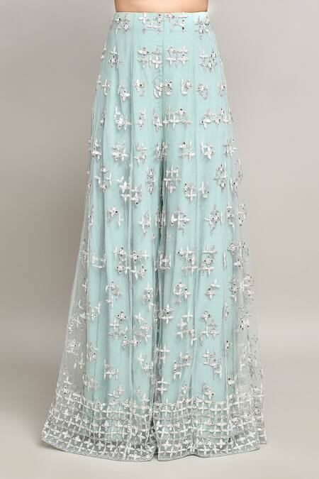 Shop_Kalighata_Blue Net Mirrors Square Neck Bahar Jaal Embroidered Kurta Sharara Set _Online_at_Aza_Fashions