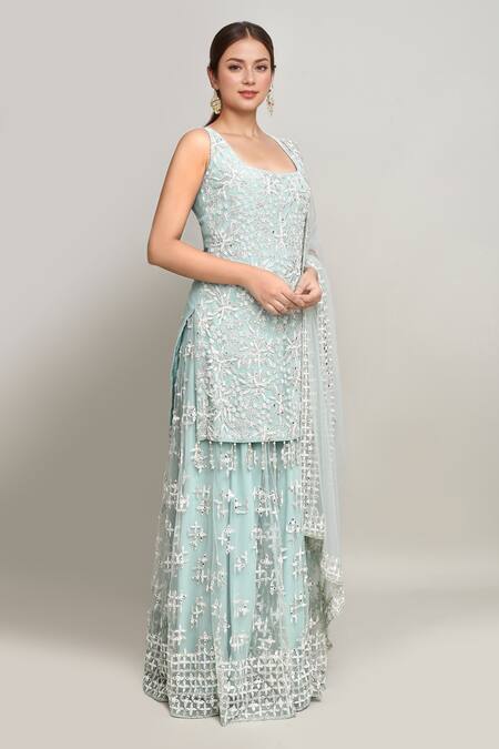 Kalighata Blue Net Mirrors Square Neck Bahar Jaal Embroidered Kurta Sharara Set at Aza Fashions Kalighata_Blue Net Mirrors Square Neck Bahar Jaal Embroidered Kurta Sharara Set _at_Aza_Fashions