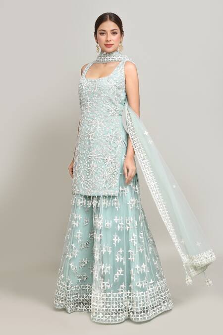 Buy Kalighata Blue Net Mirrors Square Neck Bahar Jaal Embroidered Kurta Sharara Set Buy_Kalighata_Blue Net Mirrors Square Neck Bahar Jaal Embroidered Kurta Sharara Set