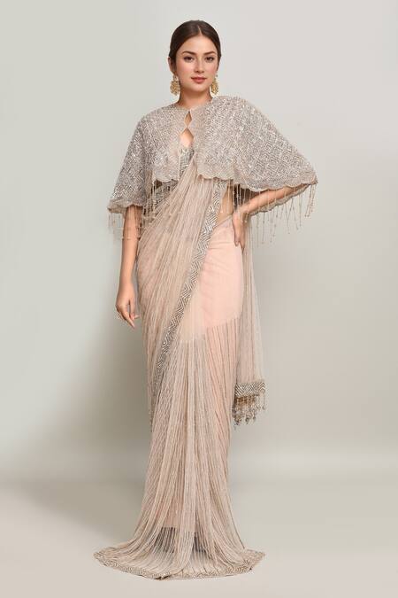 Shop Kalighata Pink Net Cut Work, Sequins Sweetheart Cutdana And Embroidered Cape & Saree Set Online at Aza Fashions Shop_Kalighata_Pink Net Cut Work, Sequins Sweetheart Cutdana And Embroidered Cape & Saree Set _Online_at_Aza_Fashions