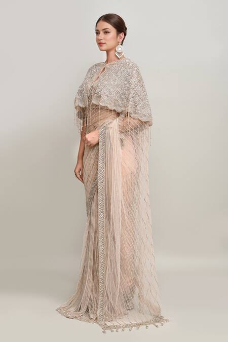 Kalighata Pink Net Cut Work, Sequins Sweetheart Cutdana And Embroidered Cape & Saree Set at Aza Fashions Kalighata_Pink Net Cut Work, Sequins Sweetheart Cutdana And Embroidered Cape & Saree Set _at_Aza_Fashions