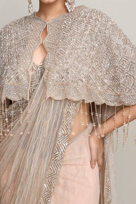 Buy_Kalighata_Pink Net Cut Work, Sequins Sweetheart Cutdana And Embroidered Cape & Saree Set 