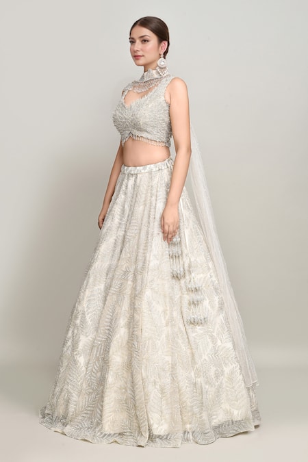 Kalighata_Ivory Organza Sequins, Cut Work Sweetheart Neck Leaf Embroidered Lehenga Set _Online_at_Aza_Fashions