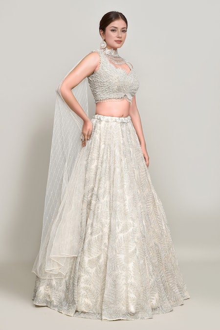 Buy_Kalighata_Ivory Organza Sequins, Cut Work Sweetheart Neck Leaf Embroidered Lehenga Set _Online_at_Aza_Fashions
