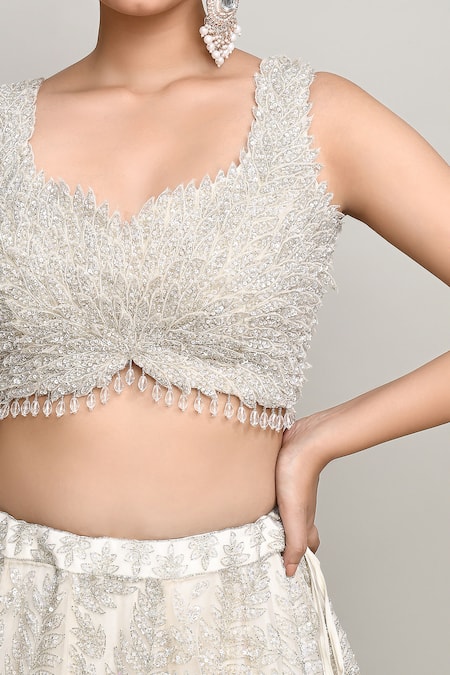 Shop_Kalighata_Ivory Organza Sequins, Cut Work Sweetheart Neck Leaf Embroidered Lehenga Set _Online_at_Aza_Fashions
