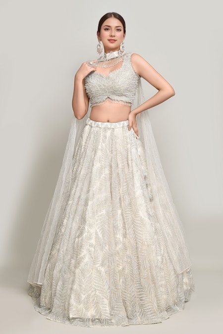 Kalighata_Ivory Organza Sequins, Cut Work Sweetheart Neck Leaf Embroidered Lehenga Set _at_Aza_Fashions
