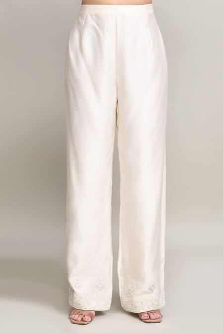 Kalighata_Ivory Chanderi Pearls, Embroidery Round Neck Tonal Floral Kurta Set _Online_at_Aza_Fashions