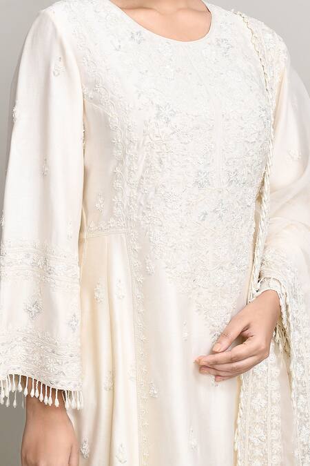 Buy_Kalighata_Ivory Chanderi Pearls, Embroidery Round Neck Tonal Floral Kurta Set _Online_at_Aza_Fashions