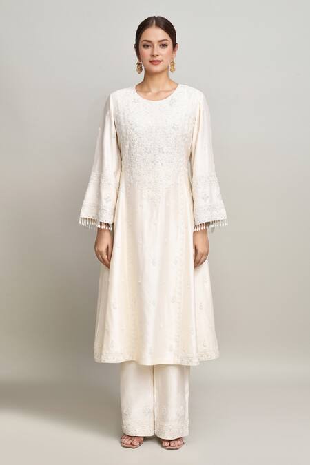 Shop_Kalighata_Ivory Chanderi Pearls, Embroidery Round Neck Tonal Floral Kurta Set _Online_at_Aza_Fashions