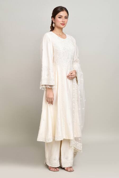 Kalighata_Ivory Chanderi Pearls, Embroidery Round Neck Tonal Floral Kurta Set _at_Aza_Fashions