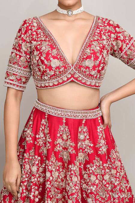 Kalighata_Red , Satin Sequins, Embroidery, Cut Work Plunge Floral Lehenga Set _Online_at_Aza_Fashions