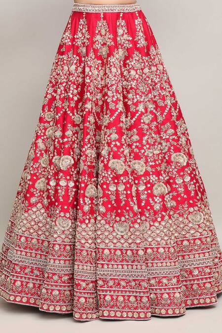 Shop_Kalighata_Red , Satin Sequins, Embroidery, Cut Work Plunge Floral Lehenga Set _Online_at_Aza_Fashions