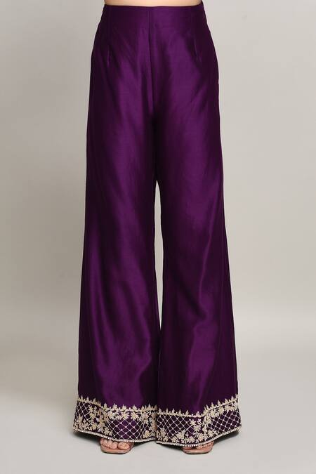 Kalighata_Purple Silk Beads, Sequins, Embroidery Round Neck Jacket Pant Set _Online_at_Aza_Fashions