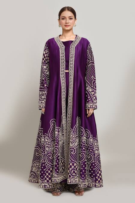 Buy_Kalighata_Purple Silk Beads, Sequins, Embroidery Round Neck Jacket Pant Set _Online_at_Aza_Fashions
