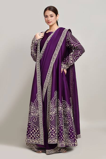 Shop_Kalighata_Purple Silk Beads, Sequins, Embroidery Round Neck Jacket Pant Set _Online_at_Aza_Fashions