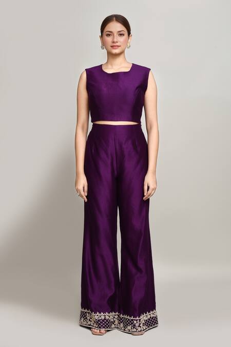Kalighata_Purple Silk Beads, Sequins, Embroidery Round Neck Jacket Pant Set _at_Aza_Fashions