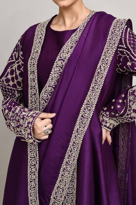 Buy_Kalighata_Purple Silk Beads, Sequins, Embroidery Round Neck Jacket Pant Set 