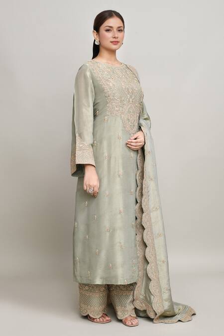 Kalighata_Green Tissue Sequins, Embroidery Round Neck Floral Vine Kurta Pant Set _Online_at_Aza_Fashions