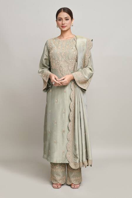 Buy_Kalighata_Green Tissue Sequins, Embroidery Round Neck Floral Vine Kurta Pant Set _Online_at_Aza_Fashions
