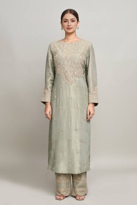 Kalighata_Green Tissue Sequins, Embroidery Round Neck Floral Vine Kurta Pant Set _at_Aza_Fashions
