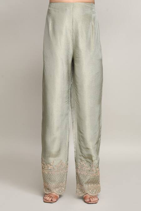 Buy_Kalighata_Green Tissue Sequins, Embroidery Round Neck Floral Vine Kurta Pant Set 