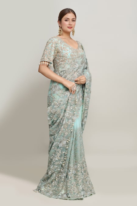 Kalighata_Blue Organza Sequins, Embroidery, Cut Work V-neck Floral Vine Cutdana Saree Set _Online_at_Aza_Fashions