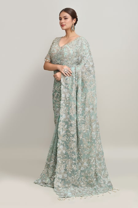 Buy_Kalighata_Blue Organza Sequins, Embroidery, Cut Work V-neck Floral Vine Cutdana Saree Set _Online_at_Aza_Fashions
