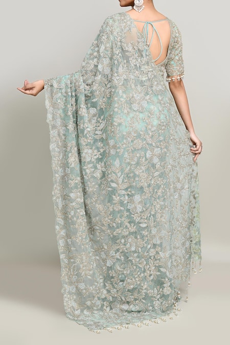 Kalighata Floral Vine Cutdana Embroidered Saree Set 