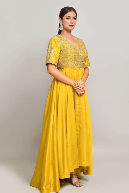 Kalighata_Yellow Chanderi Sequins, Zari V-neck Zardozi Embroidered High-low Anarkali Set _Online_at_Aza_Fashions