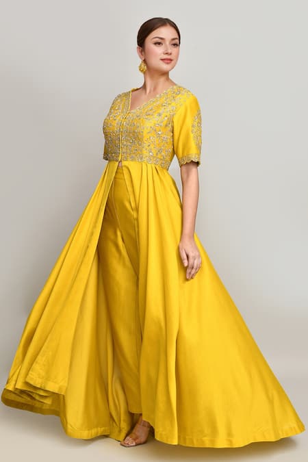 Buy_Kalighata_Yellow Chanderi Sequins, Zari V-neck Zardozi Embroidered High-low Anarkali Set _Online_at_Aza_Fashions