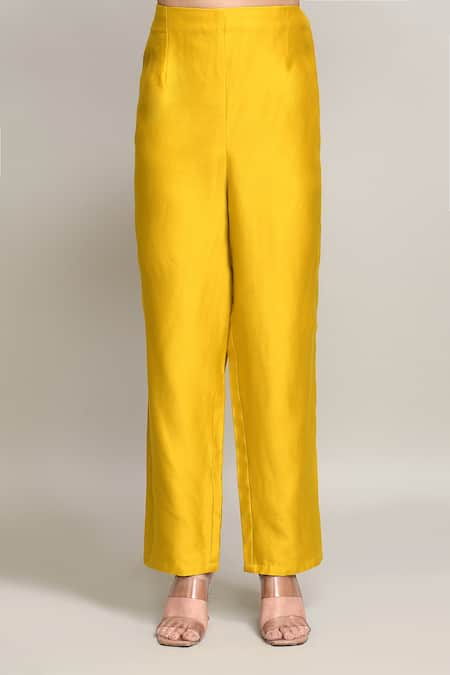 Shop_Kalighata_Yellow Chanderi Sequins, Zari V-neck Zardozi Embroidered High-low Anarkali Set _Online_at_Aza_Fashions