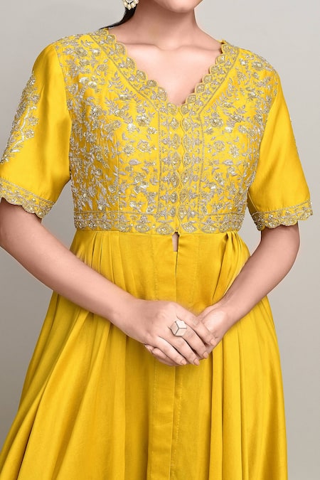Kalighata_Yellow Chanderi Sequins, Zari V-neck Zardozi Embroidered High-low Anarkali Set _at_Aza_Fashions