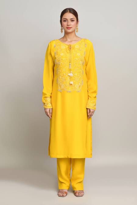 Kalighata_Yellow Silk Sequins, Embroidery V-neck Tonal Floral Kurta Pant Set _Online_at_Aza_Fashions