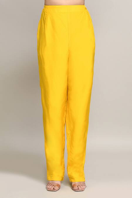 Buy_Kalighata_Yellow Silk Sequins, Embroidery V-neck Tonal Floral Kurta Pant Set _Online_at_Aza_Fashions