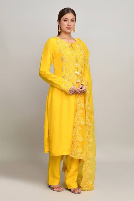 Shop_Kalighata_Yellow Silk Sequins, Embroidery V-neck Tonal Floral Kurta Pant Set _Online_at_Aza_Fashions