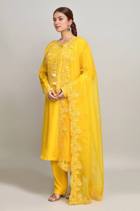 Kalighata_Yellow Silk Sequins, Embroidery V-neck Tonal Floral Kurta Pant Set _at_Aza_Fashions