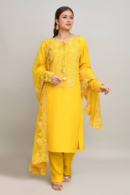 Buy_Kalighata_Yellow Silk Sequins, Embroidery V-neck Tonal Floral Kurta Pant Set 