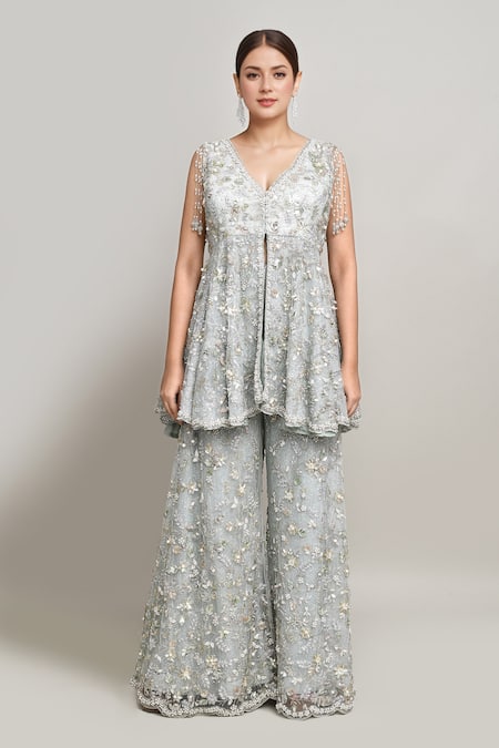 Kalighata_Blue Net Pearls, Embroidery, Sequins, Cut Work V-neck Cutdana Peplum Kurta Set _Online_at_Aza_Fashions