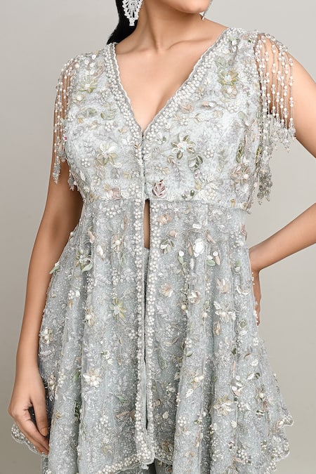 Shop_Kalighata_Blue Net Pearls, Embroidery, Sequins, Cut Work V-neck Cutdana Peplum Kurta Set _Online_at_Aza_Fashions