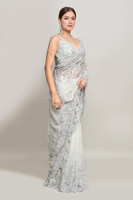 Kalighata_Blue Organza Cut Work, Pearls, Sequins Embroidered Floral Saree And Blouse Set _Online_at_Aza_Fashions