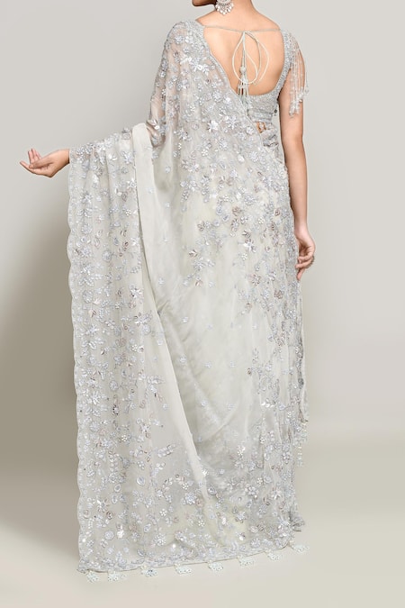 Kalighata Embroidered Blue Floral Saree & Blouse Set 