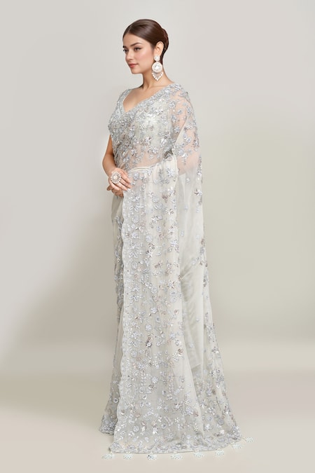 Buy_Kalighata_Blue Organza Cut Work, Pearls, Sequins Embroidered Floral Saree And Blouse Set _Online_at_Aza_Fashions