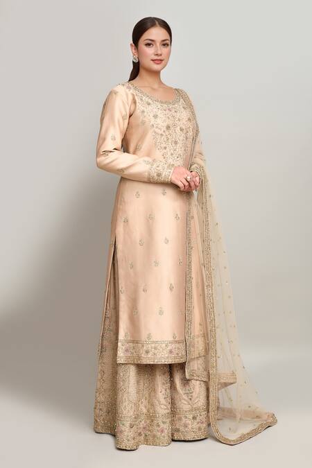 Kalighata_Gold Chanderi Sequins, Embroidery Round Neck Floral Vine Kurta Sharara Set _Online_at_Aza_Fashions