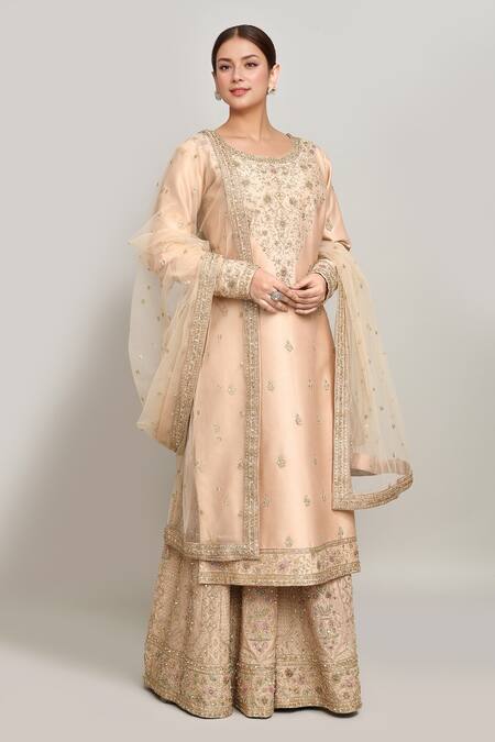 Buy_Kalighata_Gold Chanderi Sequins, Embroidery Round Neck Floral Vine Kurta Sharara Set _Online_at_Aza_Fashions