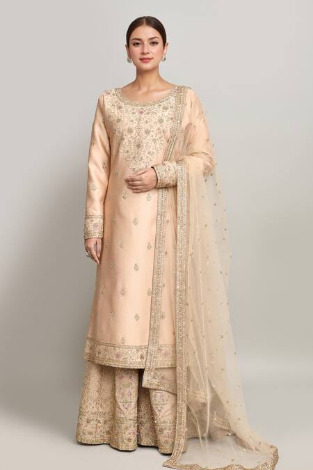 Shop_Kalighata_Gold Chanderi Sequins, Embroidery Round Neck Floral Vine Kurta Sharara Set _Online_at_Aza_Fashions