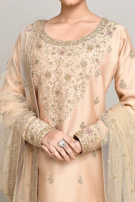 Kalighata_Gold Chanderi Sequins, Embroidery Round Neck Floral Vine Kurta Sharara Set _at_Aza_Fashions