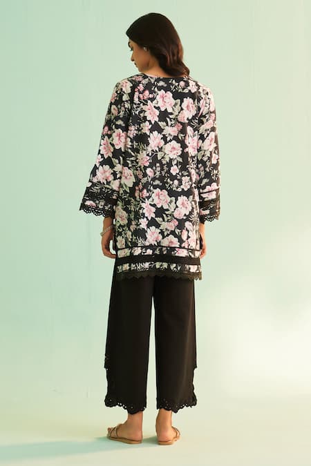 Shop_Shetab Kazmi_Black Cotton, Linen Lace, Cut Work Open Floral Print Kurta Set With Culottes _at_Aza_Fashions