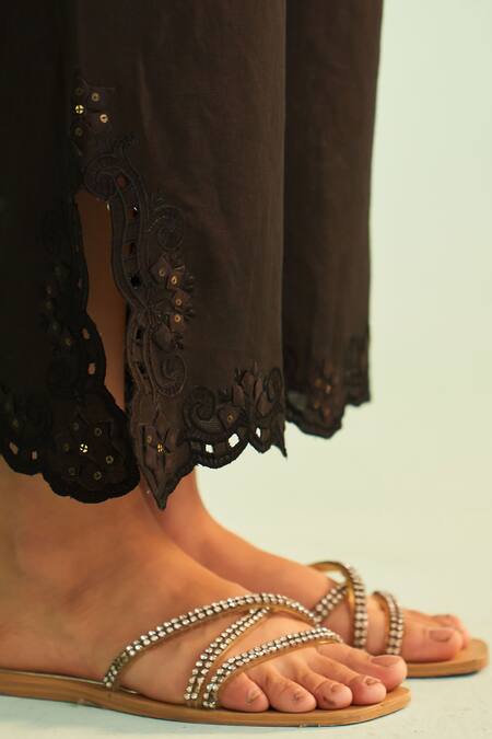 Shetab Kazmi_Black Cotton, Linen Lace, Cut Work Open Floral Print Kurta Set With Culottes _Online_at_Aza_Fashions